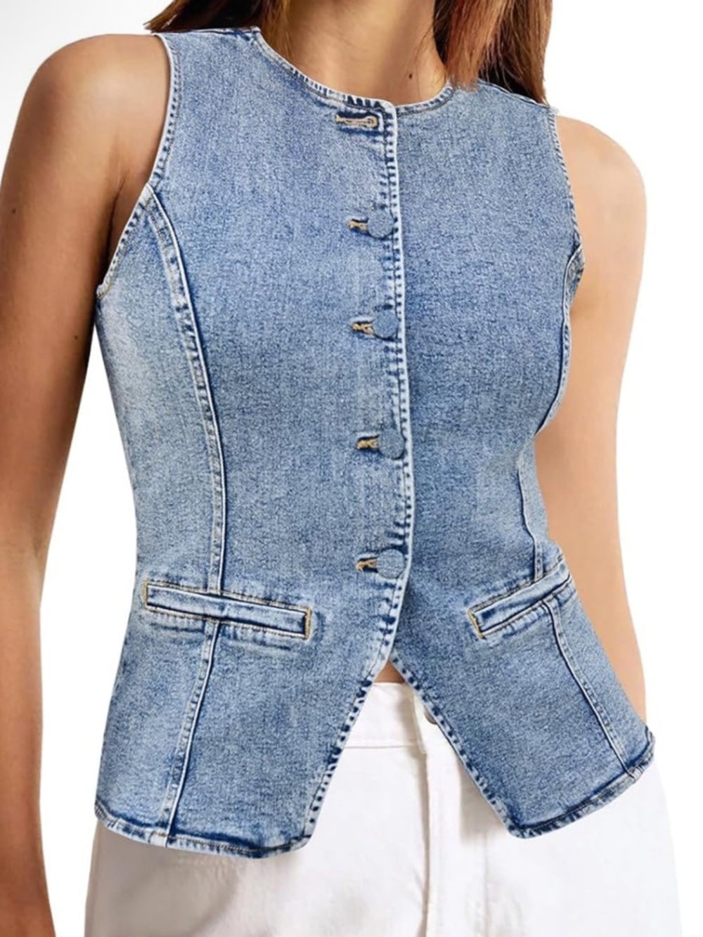 Sleeveless Light Blue Denim Button Vest- SMALL